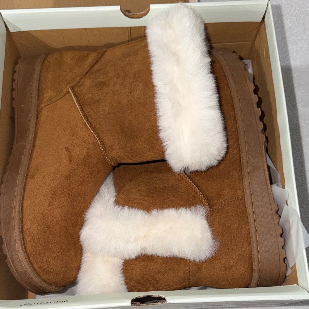 SO Chestnut Faux-Suede Fur-Trim Ankle Slippers with Cream Fur